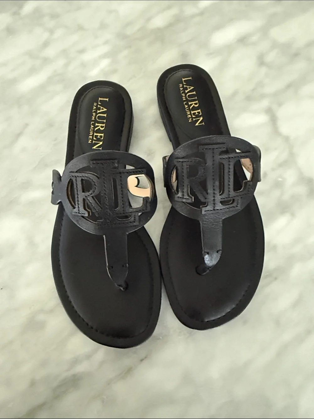 Lauren Ralph Lauren Black Logo Cutout Thong Slide Sandals